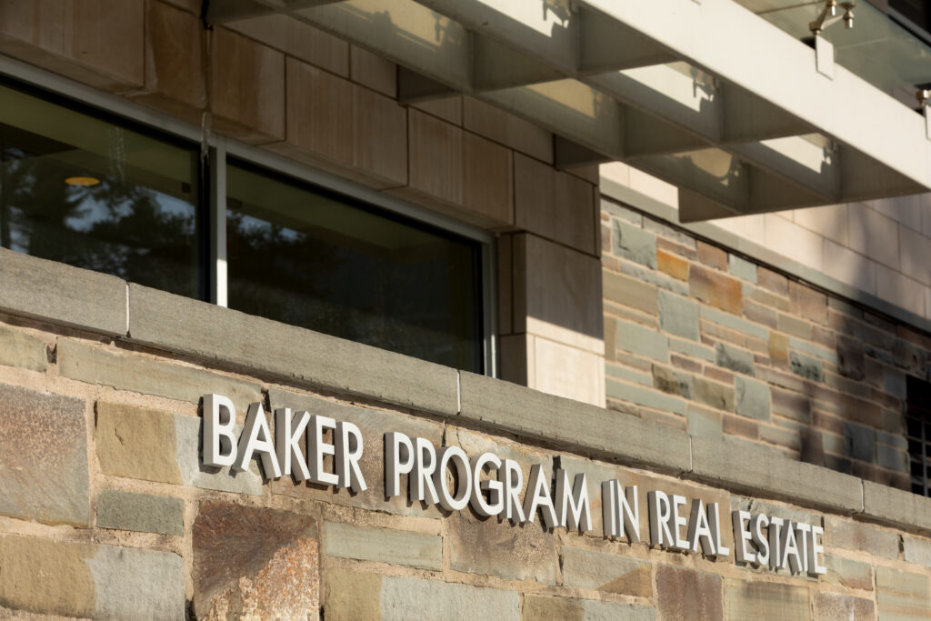 Baker Program in Real Estate sign on Statler Hall.