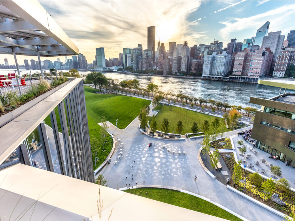 View from Cornell Tech building of Roosevelt Island and Manhattan in the background.