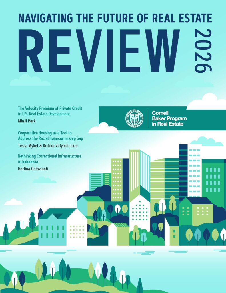Illustrated cover for Navigating the Future of Real Estate Review 2026 showing a green and blue cityscape with listed article titles.
