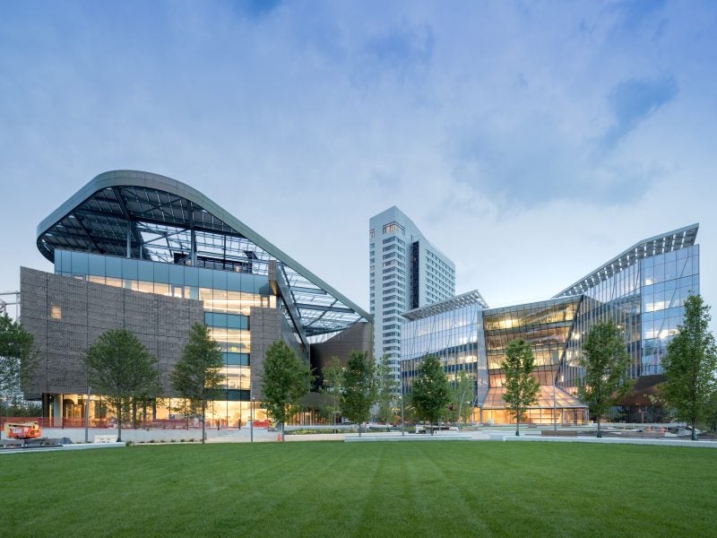 A daytime view of the Tata Innovation Center of Cornell's Tech campus.